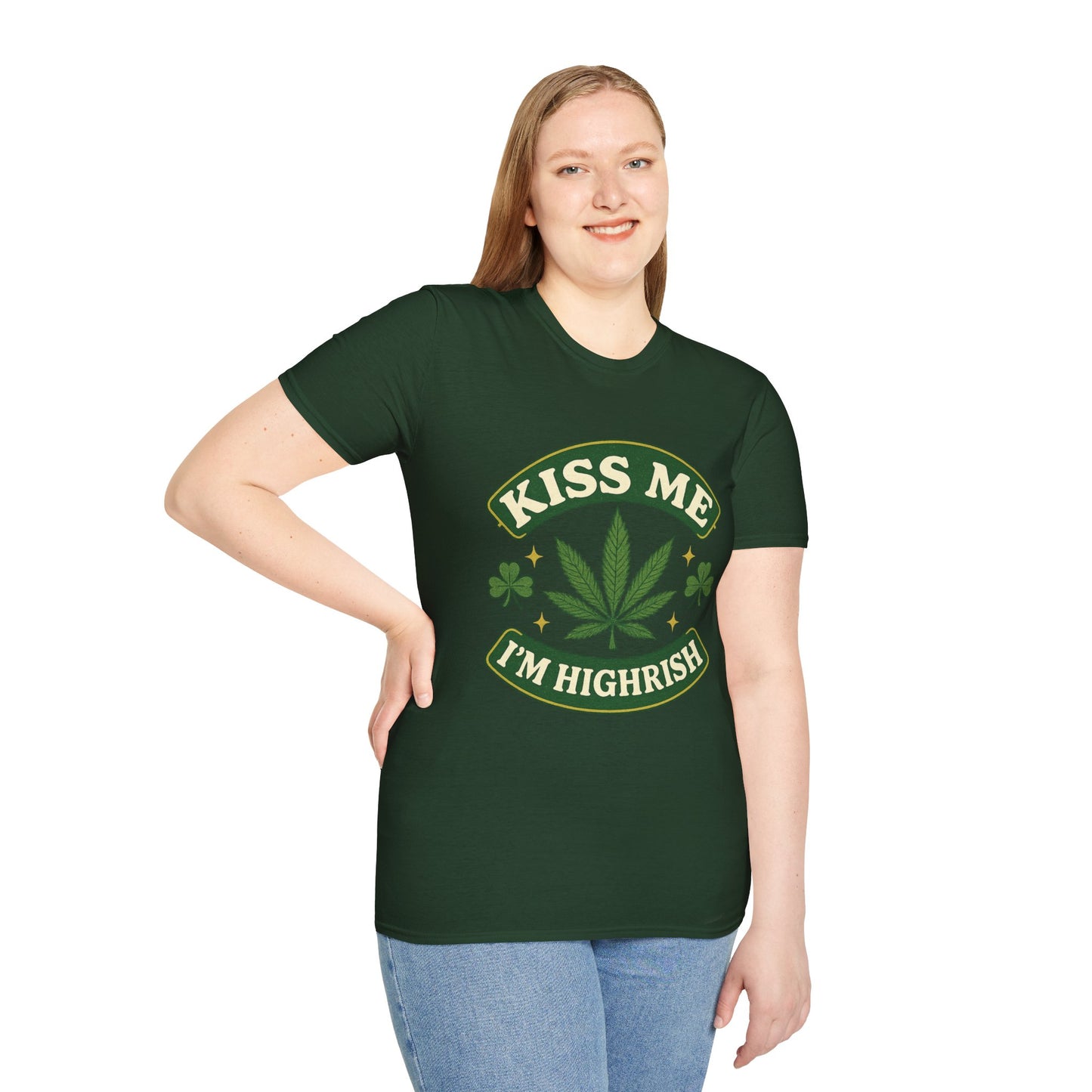 Kiss Me I’m Highrish Shirt – Funny Weed St. Patrick’s Day Tee – Cannabis Leaf Irish Parody Shirt – Gift for Stoner Friends and Green Beer Fans