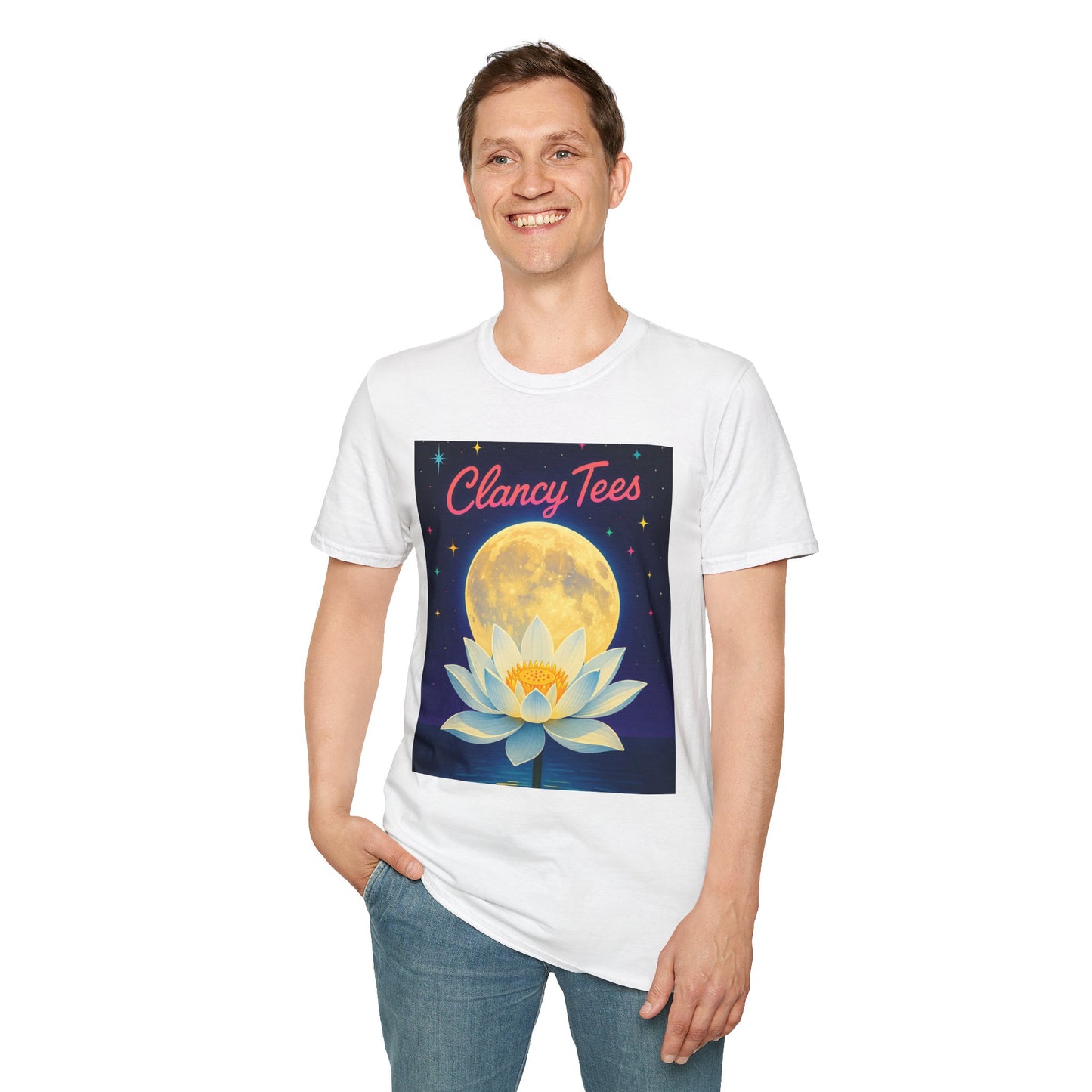 Moon Lotus Clancy Tees Shirt – Ethereal Floral T-Shirt with Full Moon Art – Gift for Nature Lovers, Yogis, Dreamers & Spiritual Aesthetic Fans