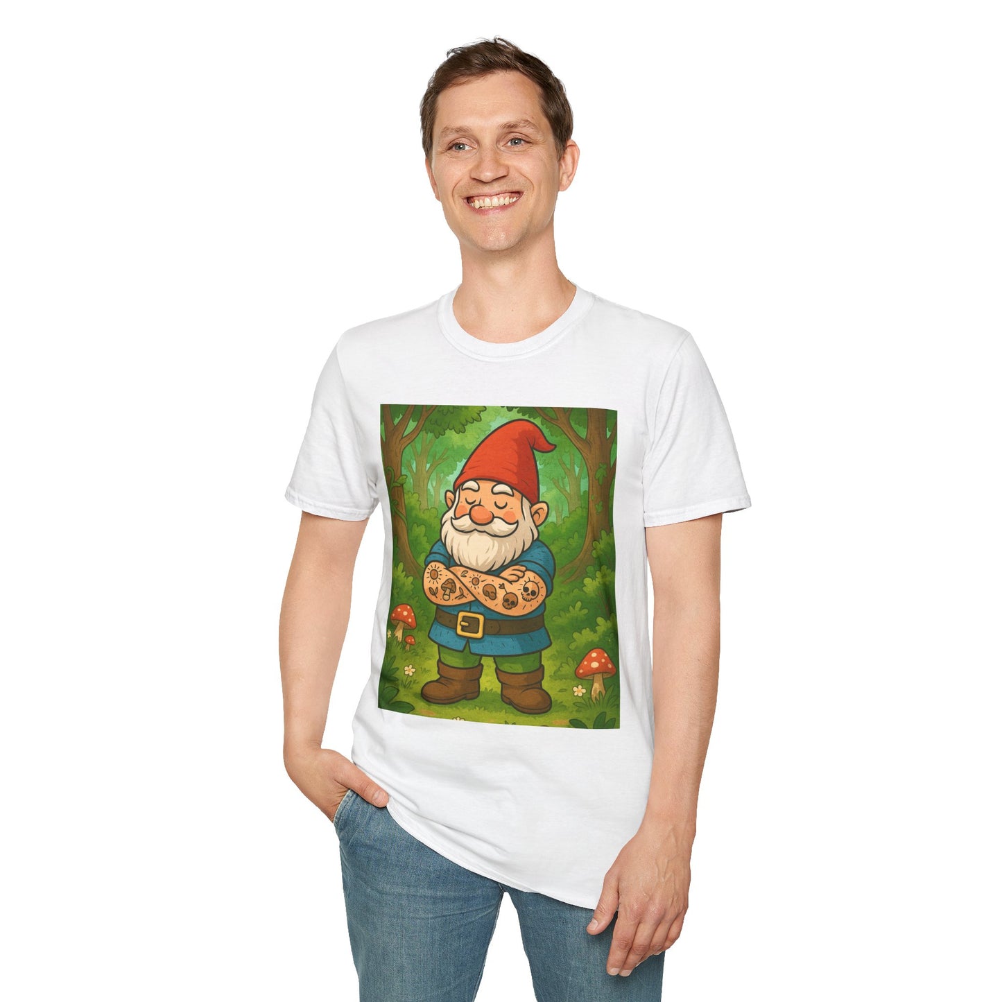 Tattooed Gnome T-Shirt – Funny Forest Inked Gnome Tee – Whimsical Tattoo Garden Shirt Gift for Mushroom Lovers, Gardeners, and Fantasy Fans