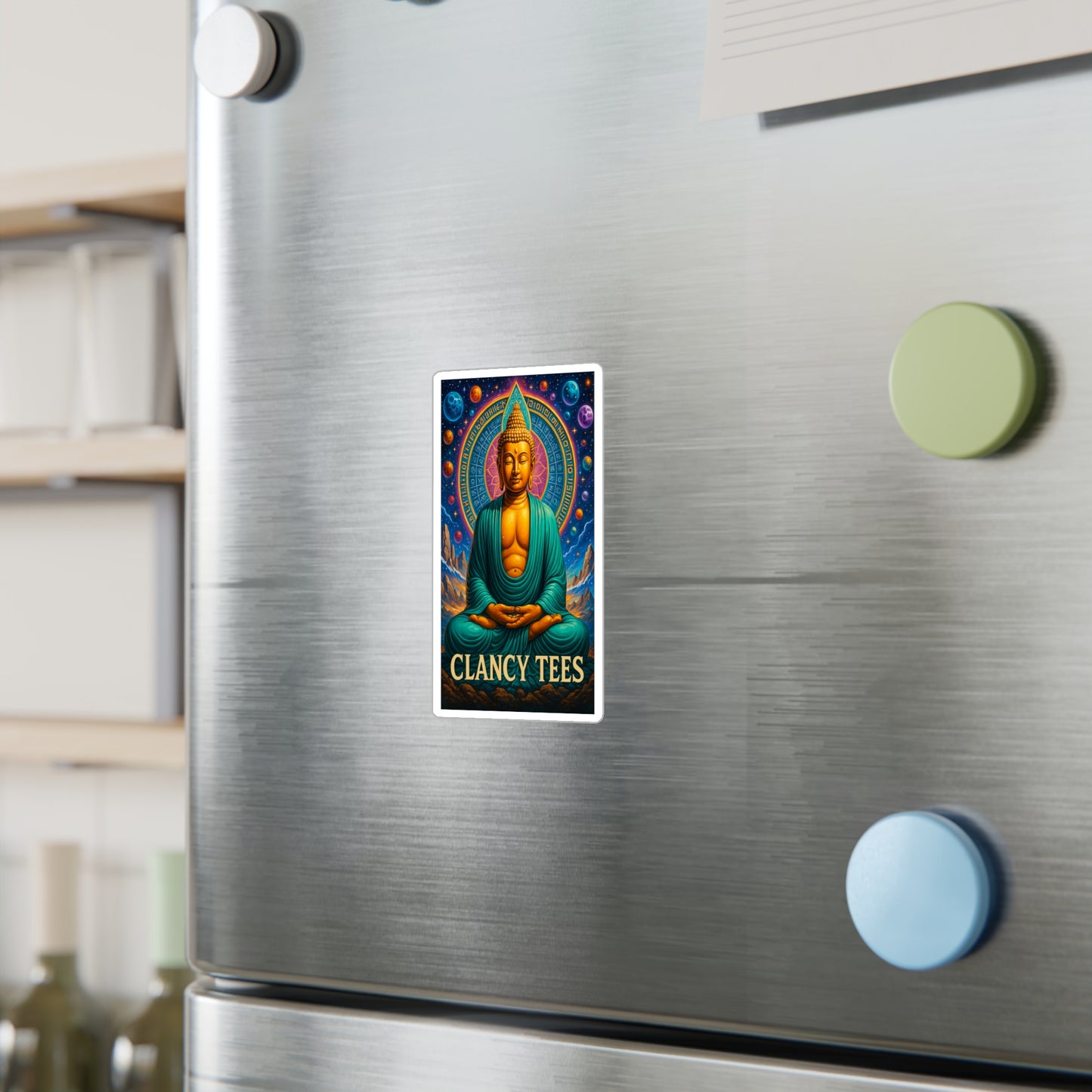 ClancyTees Cosmic Buddha Sticker – Kiss Cut Vinyl Decal, Spiritual Artwork, Galaxy Aesthetic, Gift for Mindfulness Fans