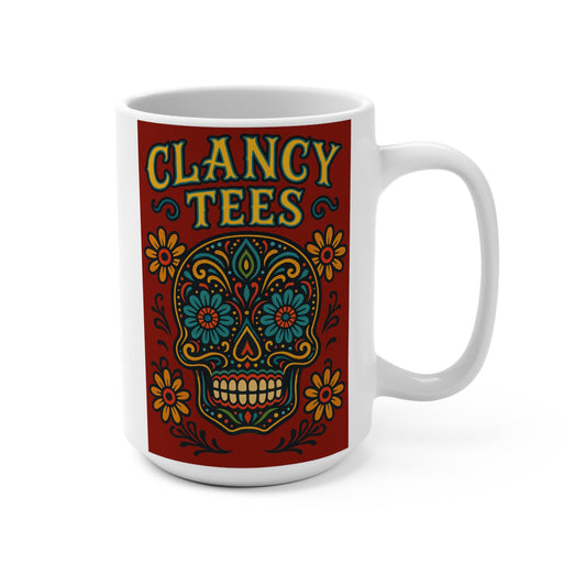 Sugar Skull Flower Ceramic Mug Bold Red Coffee Cup with Tattoo Art Style