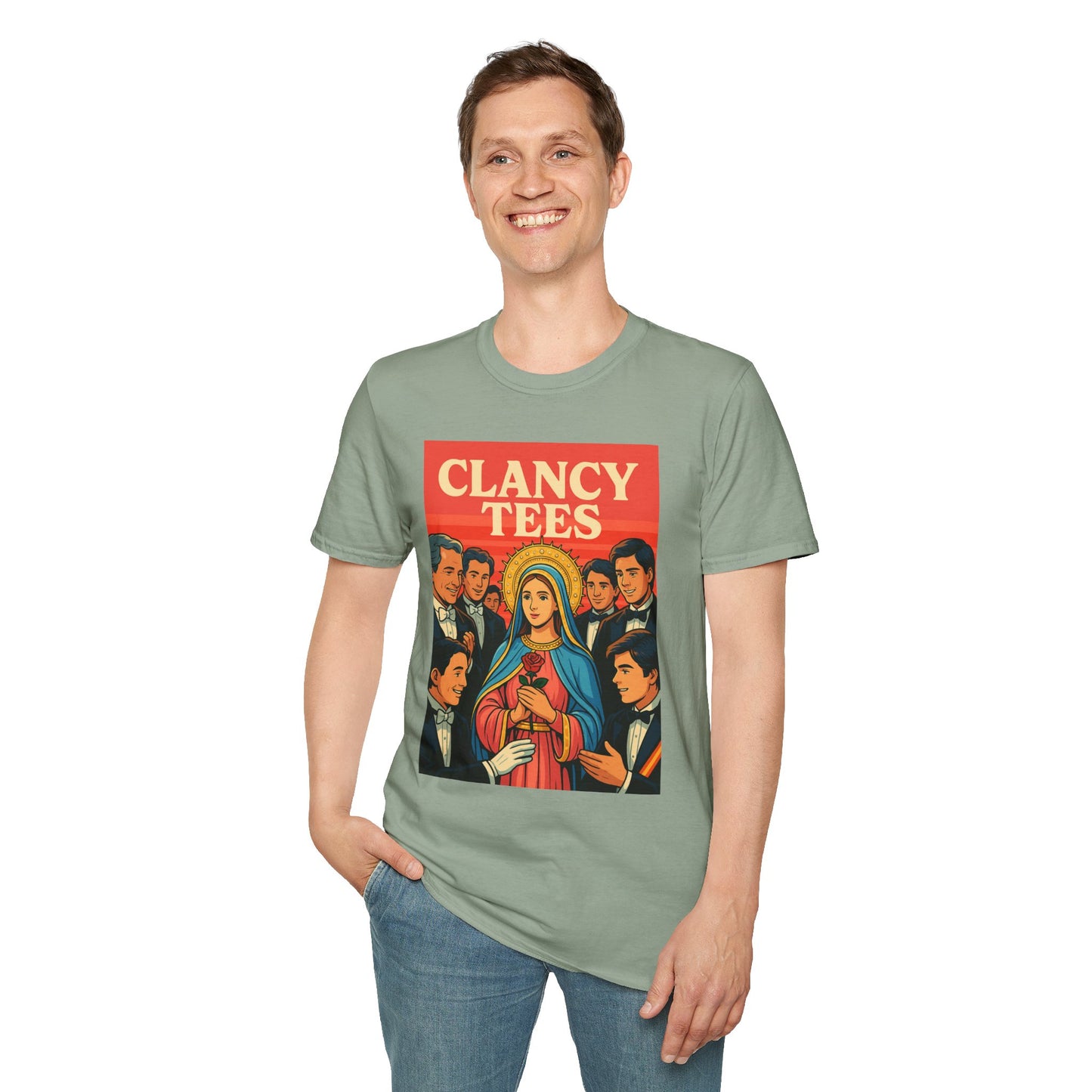 Vintage Virgin Mary Graphic T-Shirt, Softstyle Madonna Tee for Casual Wear, Perfect Gift for Holidays, Retro Clothing, Unisex Tees