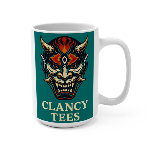 Oni Demon Mask Mug Japanese Tattoo Artwork Ceramic Coffee Cup Gift for Mythology Fans