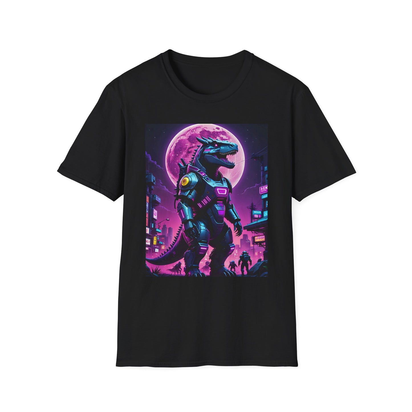 Cyberpunk Dinosaur T Shirt Neon Retro Graphic Tee Futuristic Monster Artwork Top Gift for Sci Fi Fans