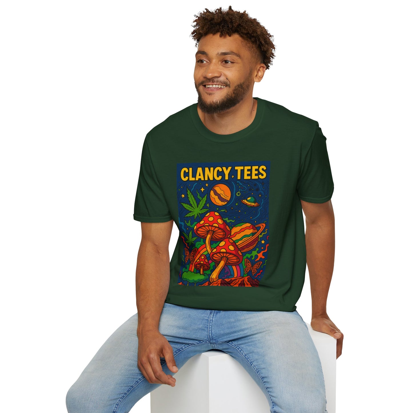 Trippy Mushroom Graphic T Shirt Psychedelic Space Art Tee Cosmic Fungi Illustration Unisex Softstyle Gift for Stoner Friends Gift for Psychedelic Fans