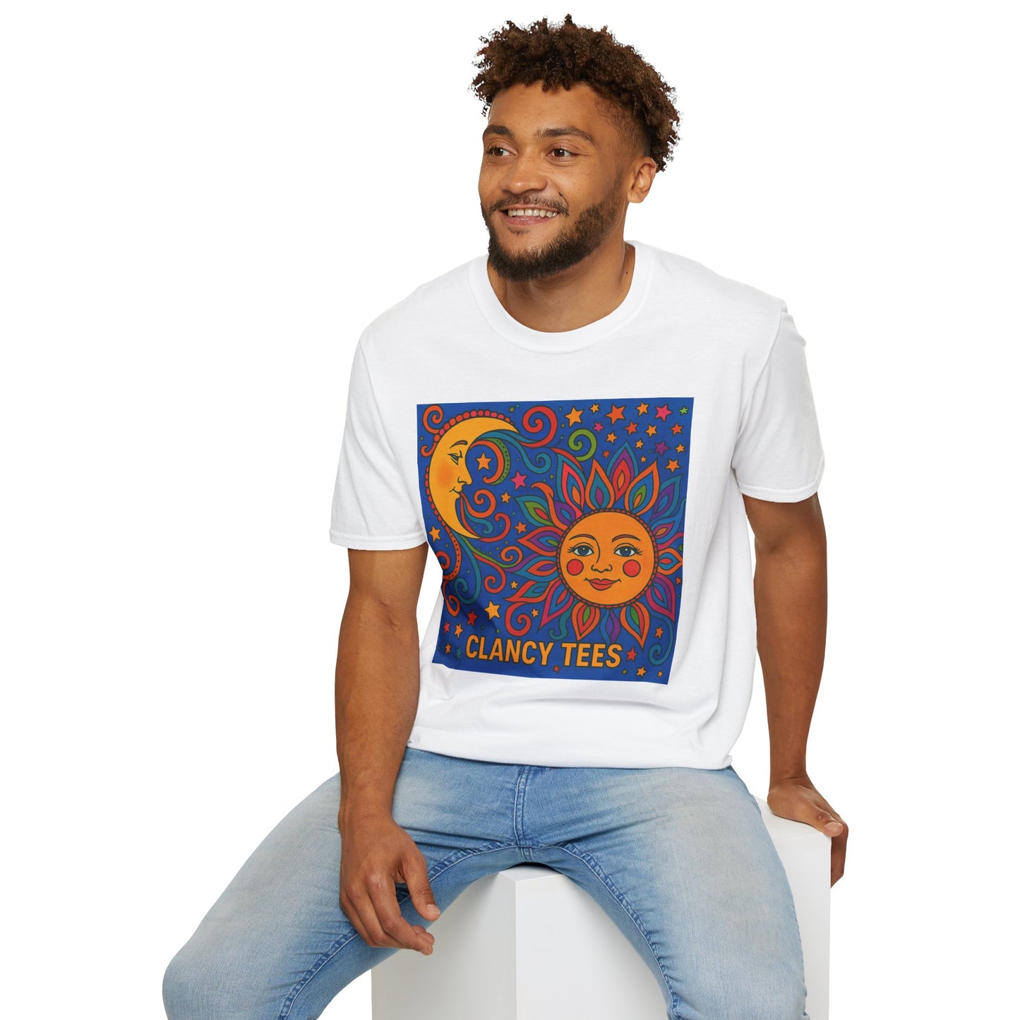 Sun and Moon Vibrant Tee, Unisex Softstyle T-Shirt for Summer Vibes, Boho Fashion, Gift for Her, Festival Wear, Casual Wear