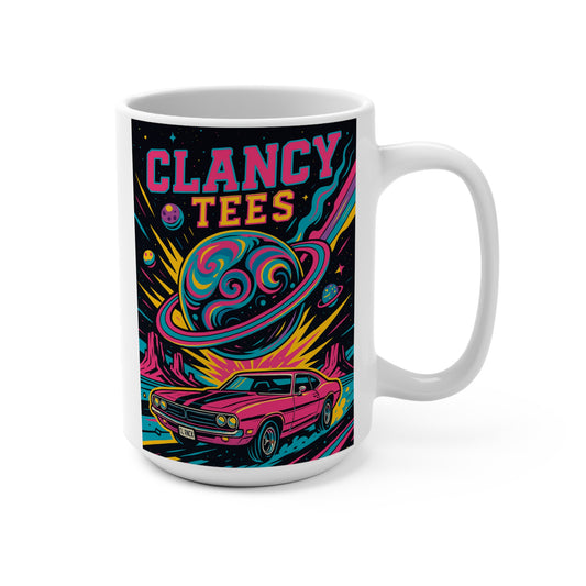 ClancyTees Retro Car Mug – Trippy Muscle Car Coffee Cup With Neon Planet Design, Psychedelic Cosmic Drinkware, Gift for Car Lovers