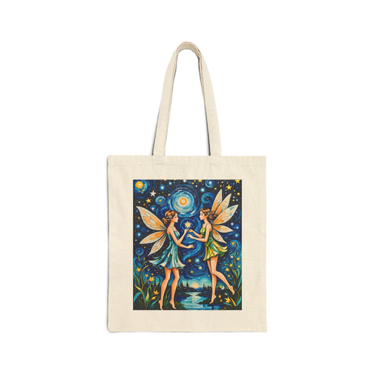 Starry Night Fairy Tote Bag Canvas Reusable Eco Friendly Whimsical Fantasy Art
