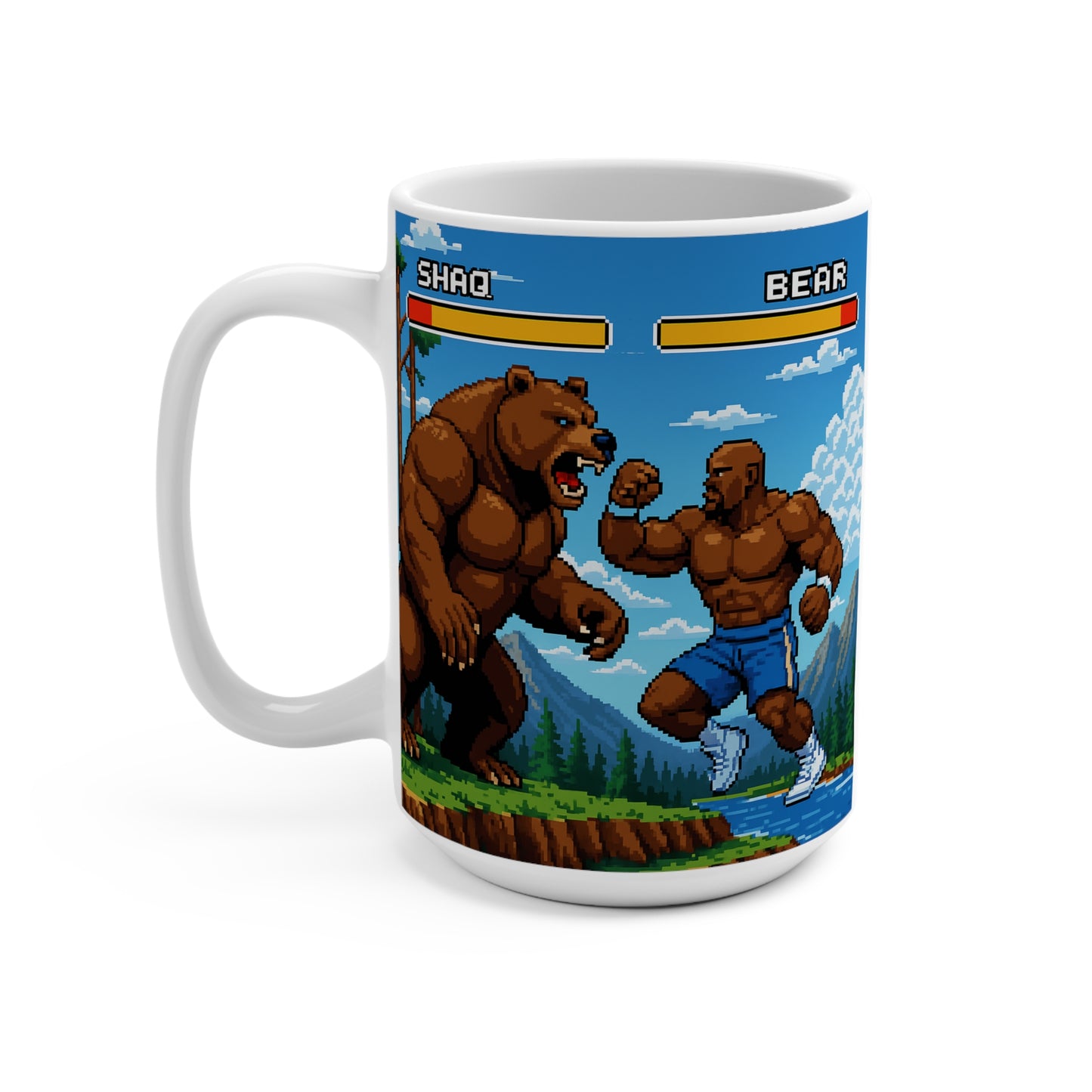 Shaq Vs The Bear Mug Retro Arcade Fighter Cup Funny Pixel Art Coffee Gift