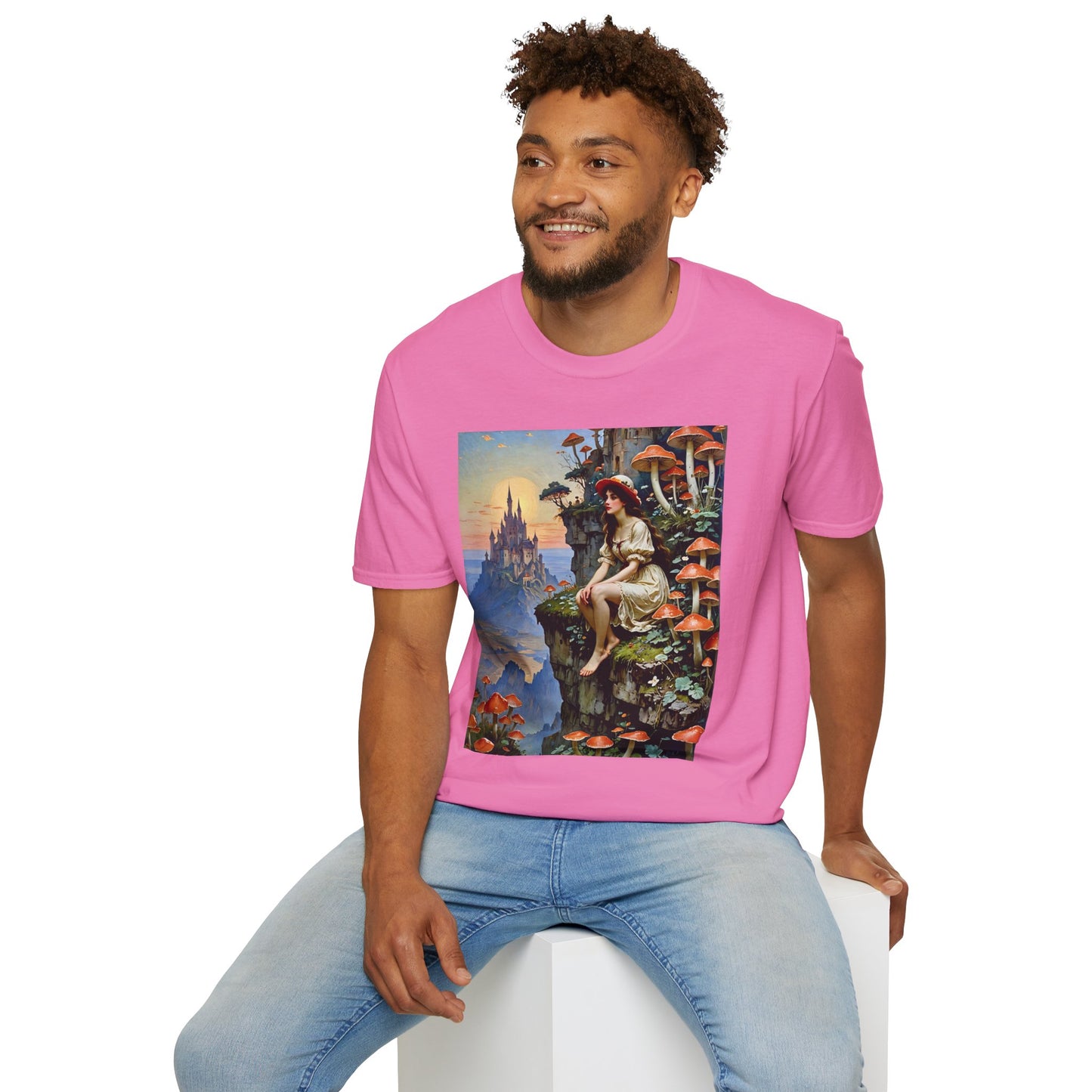 Fantasy Mushroom Fairy T-Shirt Enchanted Castle Cliffside Tee Surreal Magic Art Shirt Gift for Fantasy Fans Gift for Dreamers Psychedelic Nature Tee
