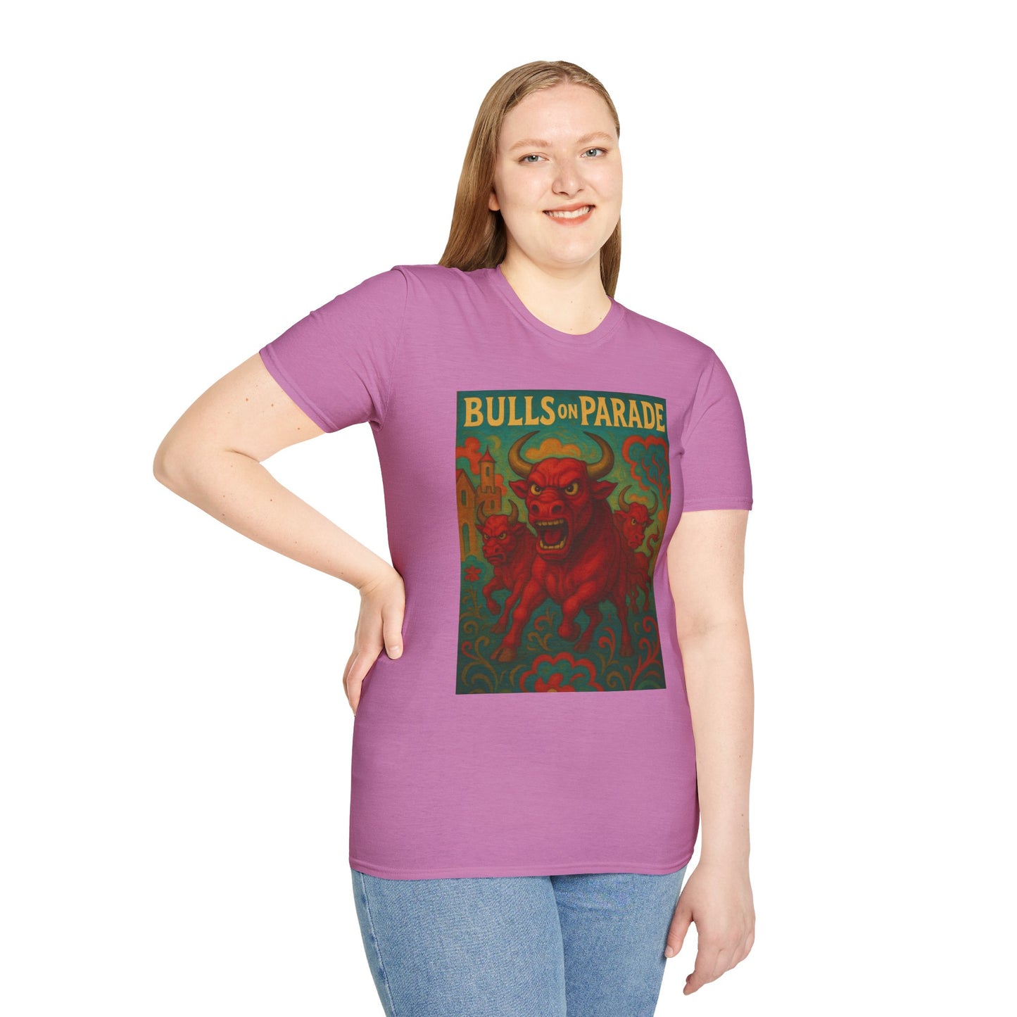 Bulls on Parade Shirt – Psychedelic Rage-Inspired Bull Graphic Tee • Gildan Softstyle® Unisex • Protest Art T-Shirt • Gift for Rage Fans