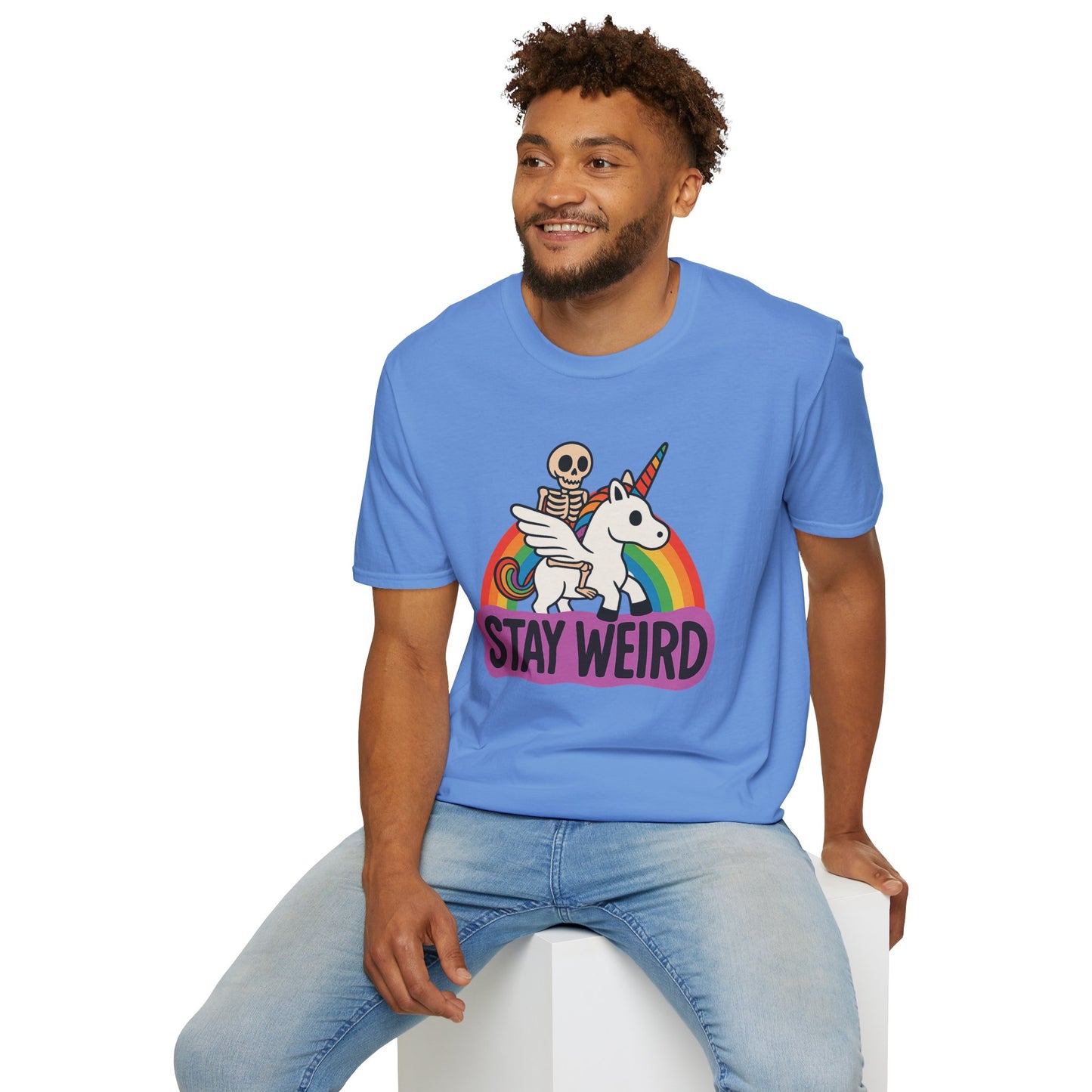 Stay Weird Skeleton Unicorn Shirt – Funny Rainbow Graphic Tee – Whimsical Weirdcore Clothing – Gift for Quirky Friends and Oddball Souls