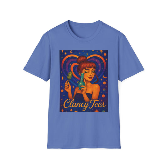 Cosmic Stoner Girl Art T-Shirt, Vintage Style Tee, Fun Summer Shirt, Gift for Art Lovers, Cute Graphic Tee, Unique Casual Wear