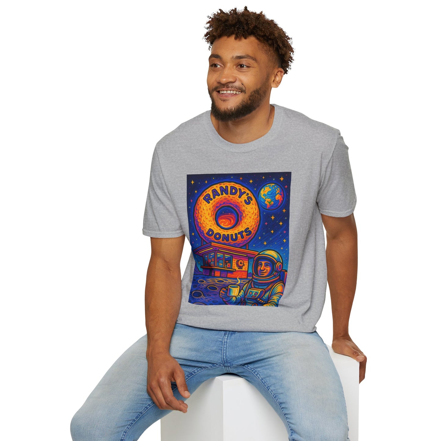 Space Donut T-Shirt – Retro Sci-Fi Astronaut Holding Coffee on the Moon – Gift for Foodies, Dreamers, and Outer Space Humor Fans