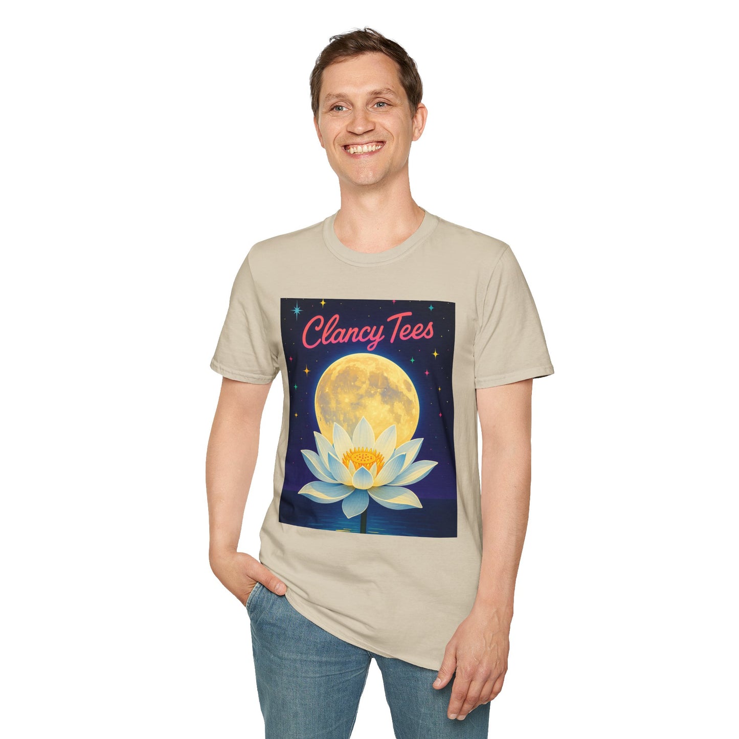 Moon Lotus Clancy Tees Shirt – Ethereal Floral T-Shirt with Full Moon Art – Gift for Nature Lovers, Yogis, Dreamers & Spiritual Aesthetic Fans