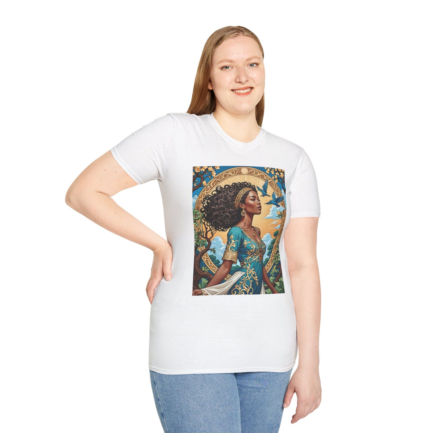 Bohemian Goddess T-Shirt, Unisex Softstyle Tee, Nature-Inspired Apparel, Gift for Women, Artistic Graphic Shirt, Eco-Friendly Fashion