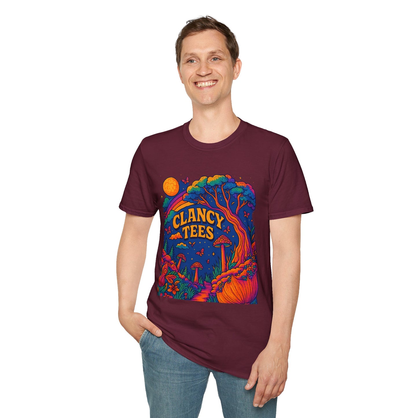 Colorful Nature-Themed Unisex Softstyle T-Shirt - Bohemian Vibe, Perfect for Festivals, Gift for Nature Lovers, Casual Wear, Clancy Tees