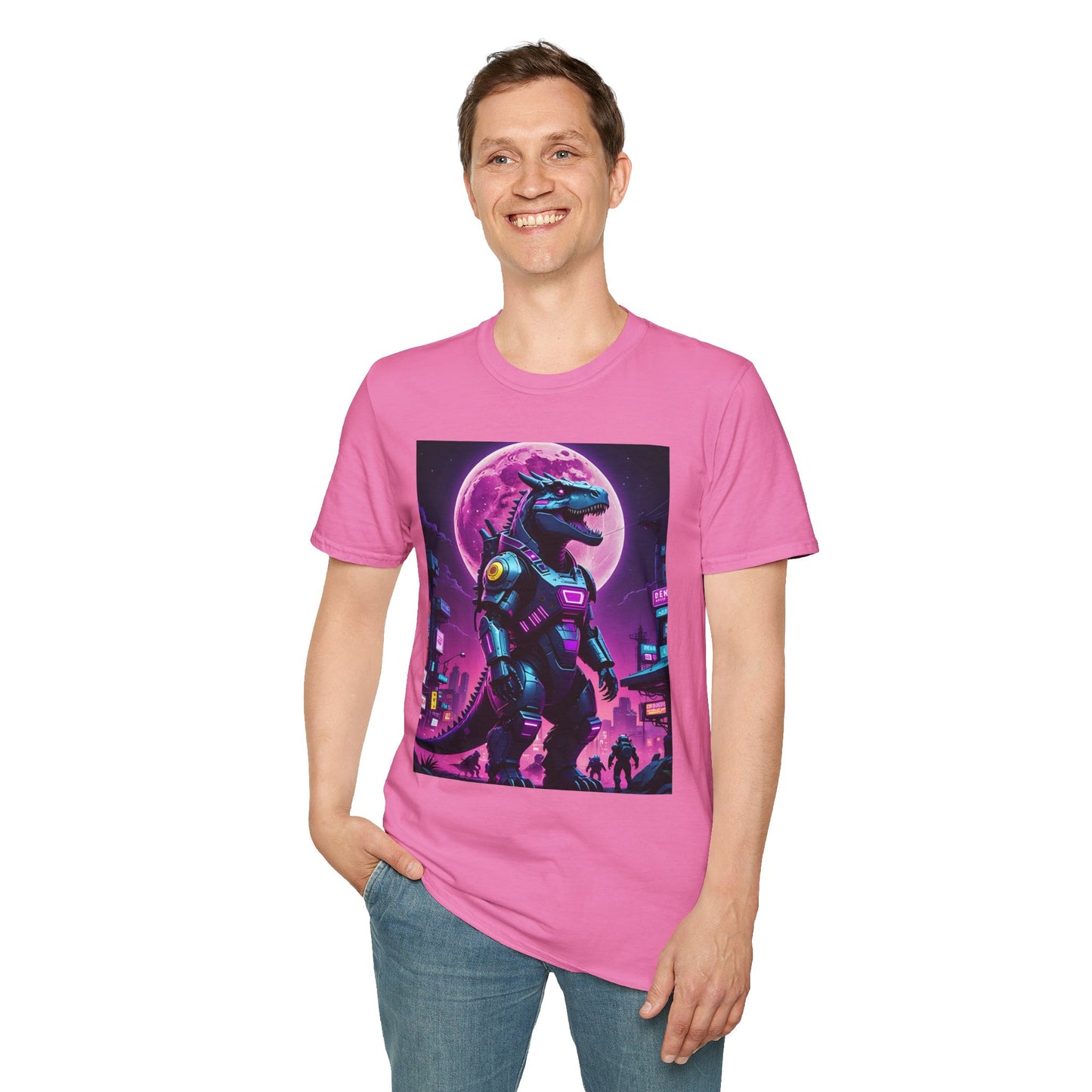 Cyberpunk Dinosaur T Shirt Neon Retro Graphic Tee Futuristic Monster Artwork Top Gift for Sci Fi Fans