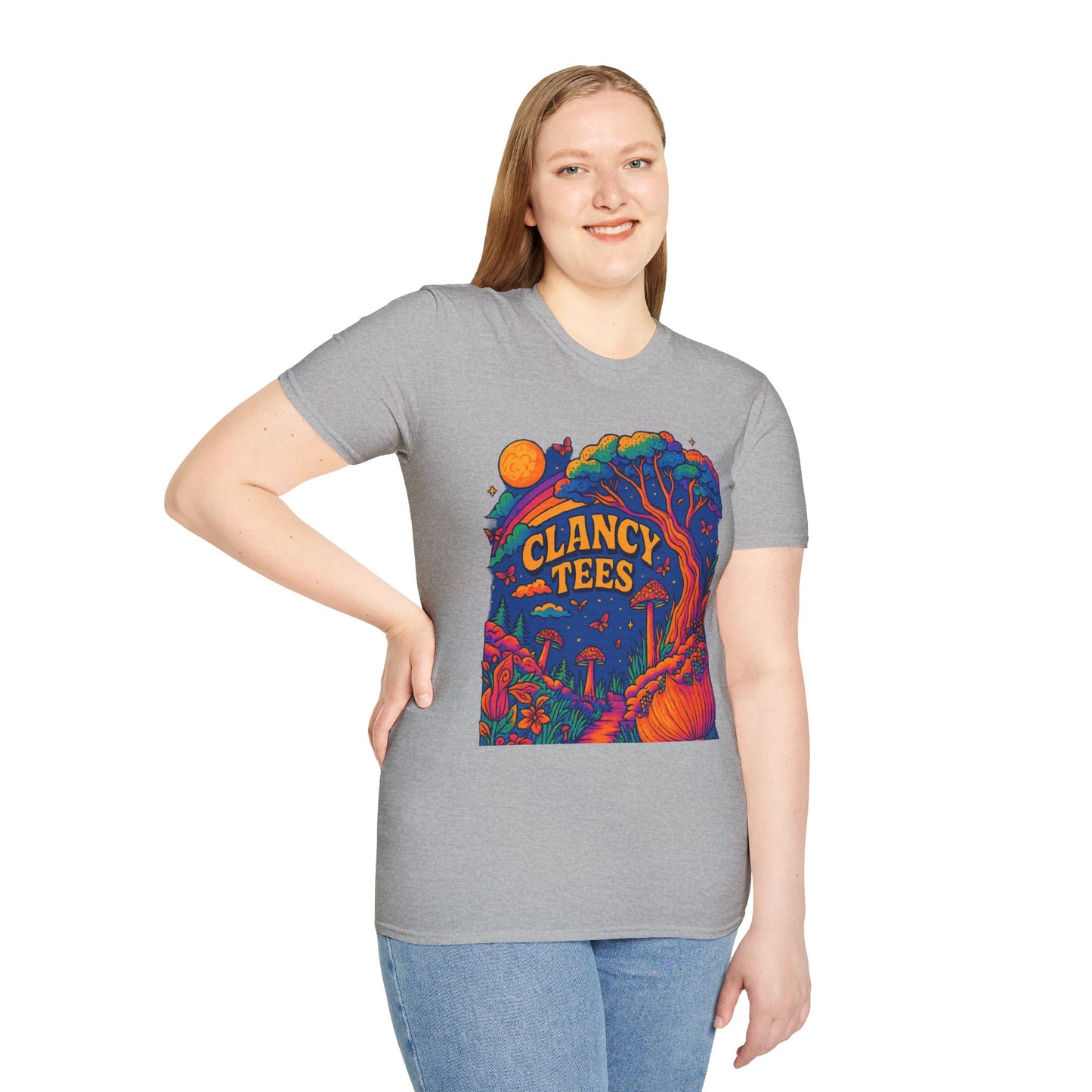 Colorful Nature-Themed Unisex Softstyle T-Shirt - Bohemian Vibe, Perfect for Festivals, Gift for Nature Lovers, Casual Wear, Clancy Tees
