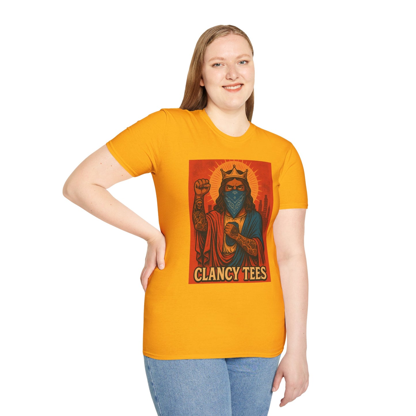 Tattooed Jesus Street Art Shirt – Clancy Tees | Urban Messiah Graphic Tee | Bold Religious Satire Shirt | King of the Block Tee