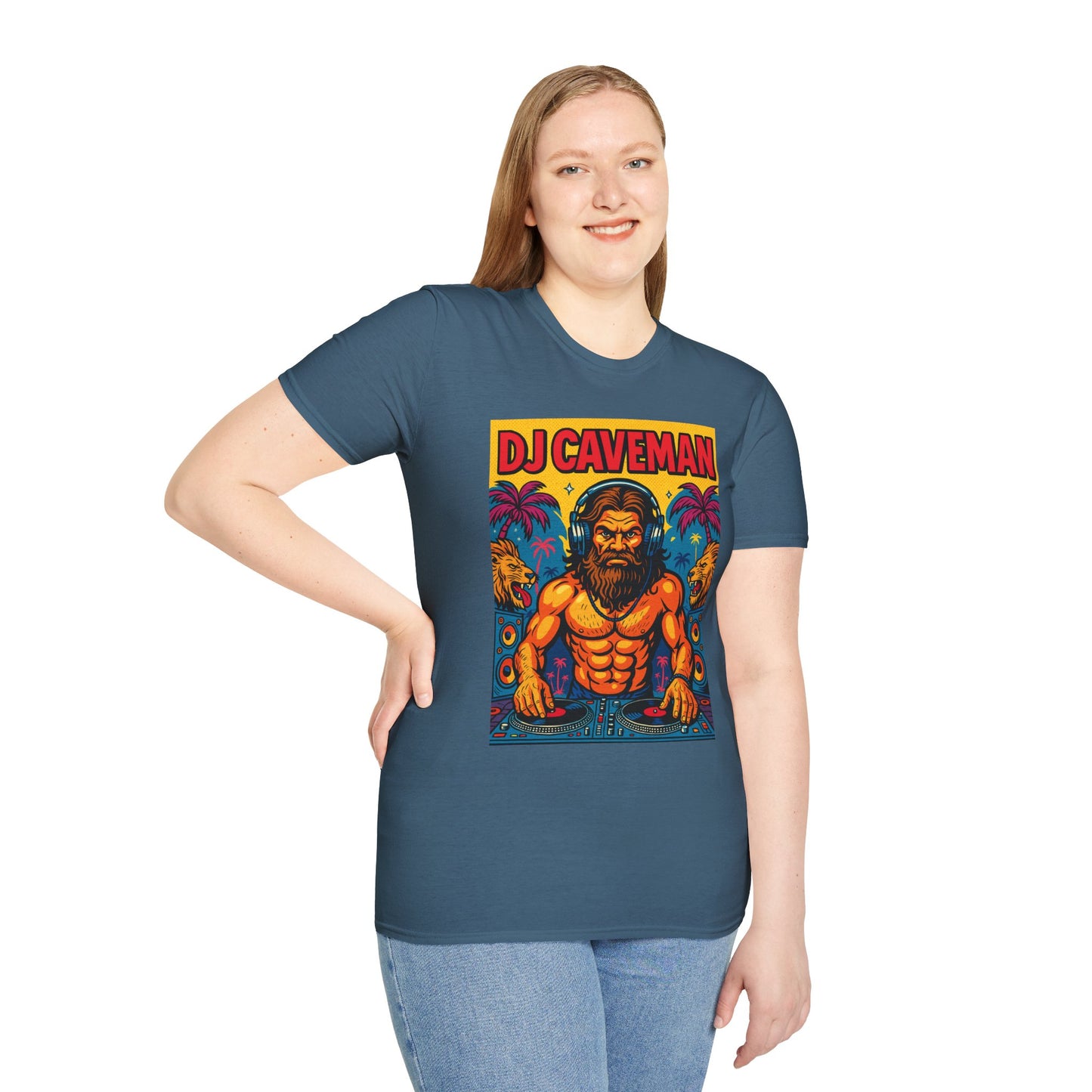 DJ Caveman T-Shirt Funny Rave Party Tee | Prehistoric Clubbing Shirt for Music Lovers | Gift for DJs and EDM Fans | Caveman Aesthetic Shirt