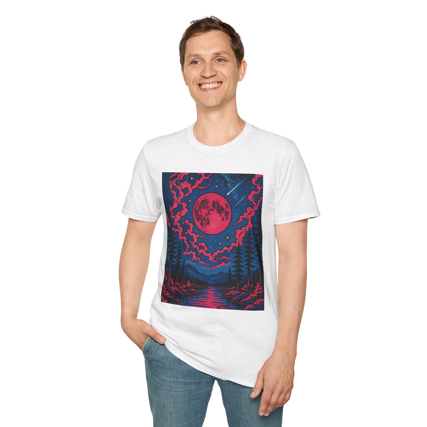 Trippy Red Moon Forest T-Shirt – Surreal Nature Graphic Tee • Psychedelic Night Sky Shirt • Gildan Softstyle® Unisex • Gift for Nature Lovers