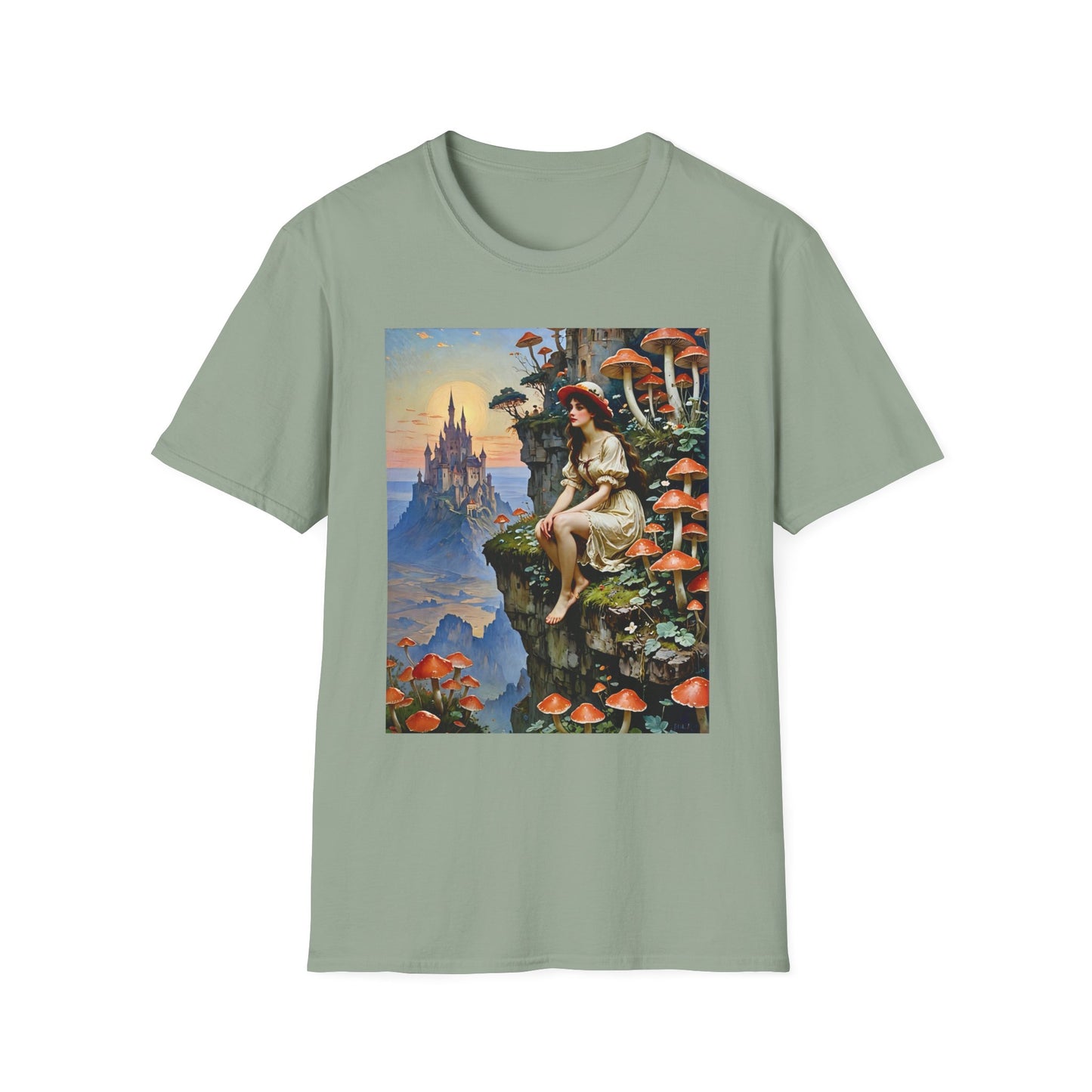 Fantasy Mushroom Fairy T-Shirt Enchanted Castle Cliffside Tee Surreal Magic Art Shirt Gift for Fantasy Fans Gift for Dreamers Psychedelic Nature Tee
