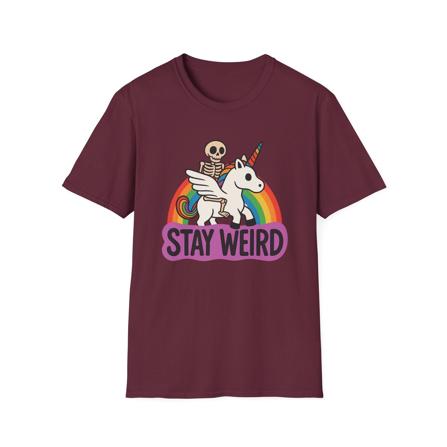 Stay Weird Skeleton Unicorn Shirt – Funny Rainbow Graphic Tee – Whimsical Weirdcore Clothing – Gift for Quirky Friends and Oddball Souls