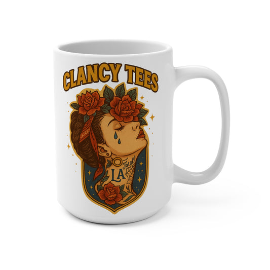Chicano Style Rose Tattoo Mug – Bold 15oz Ceramic Coffee Cup, Chicana Artwork Drinkware, Vintage Tattoo Inspired Floral Skull Gift