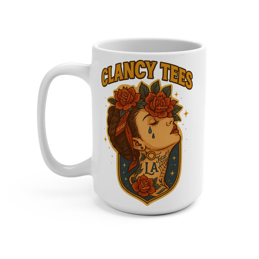 Chicano Style Rose Tattoo Mug – Bold 15oz Ceramic Coffee Cup, Chicana Artwork Drinkware, Vintage Tattoo Inspired Floral Skull Gift