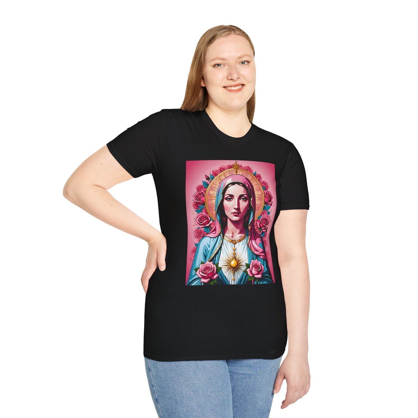 Unisex Softstyle T-Shirt with Sacred Heart Design, Spiritual Apparel, Artistic Gift for Many Occasions, Vintage Aesthetic, Festive Wear