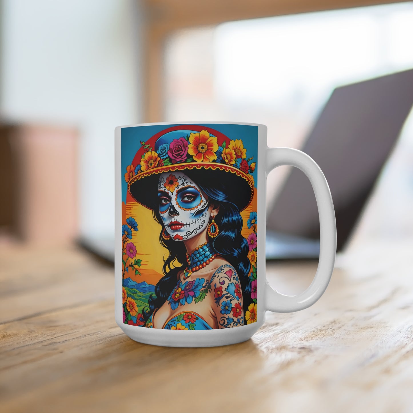 Colorful Sugar Skull Woman Mug – Dia De Los Muertos Coffee Cup With Floral Artwork, Mexican Folk Art Style, Gift For Art Lovers