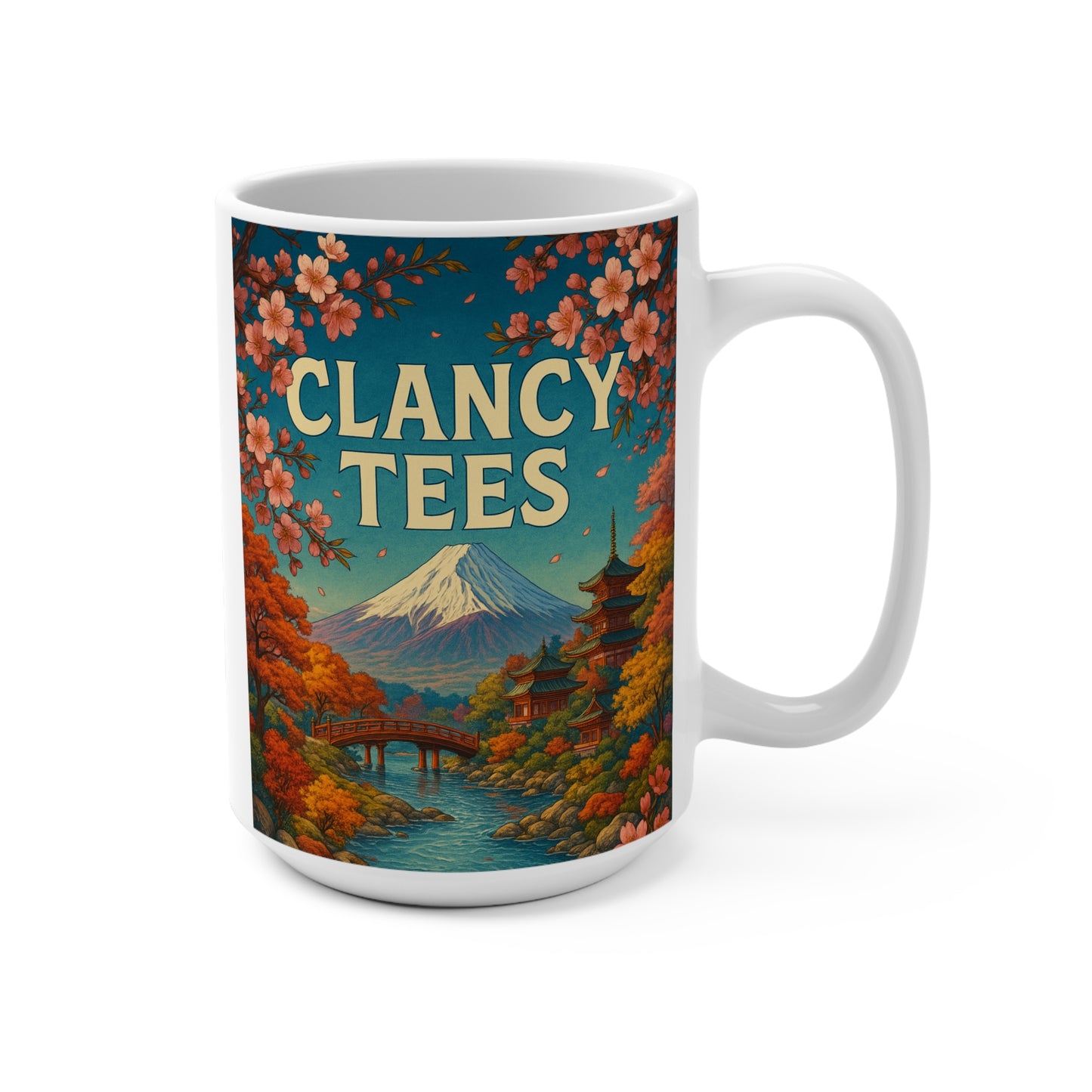 Japanese Landscape Coffee Mug Cherry Blossom Mt Fuji Ceramic Cup Tranquil River Pagoda Artwork Gift for Nature Lovers Zen Inspired Drinkware