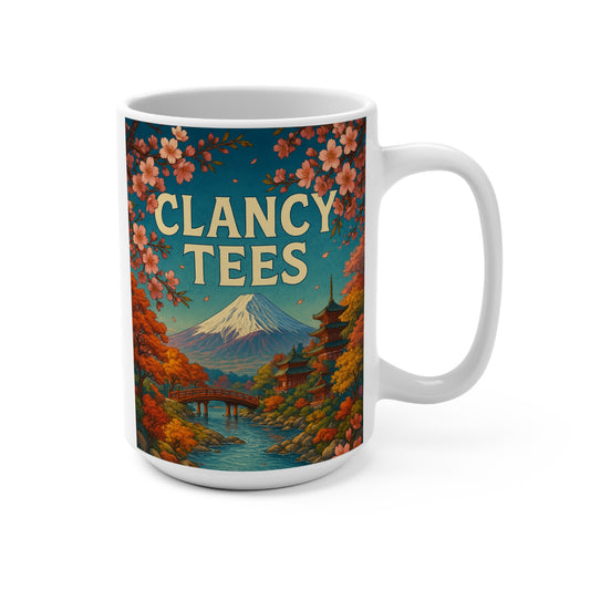 Japanese Landscape Coffee Mug Cherry Blossom Mt Fuji Ceramic Cup Tranquil River Pagoda Artwork Gift for Nature Lovers Zen Inspired Drinkware