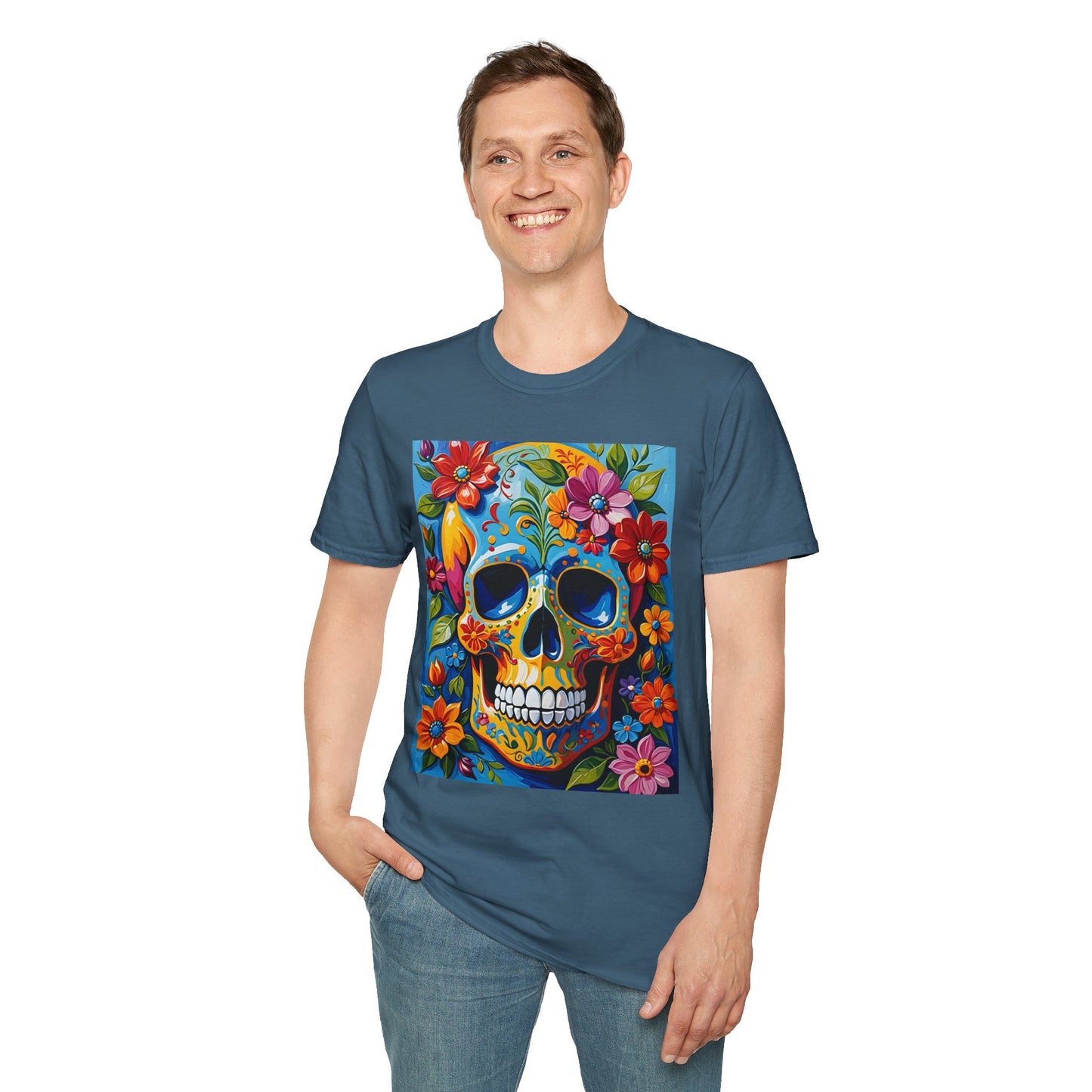 Floral Sugar Skull Shirt – Colorful Skull with Flowers Tee – Gift for Art Lovers, Halloween Fans, and Bold Statement Outfit Seekers