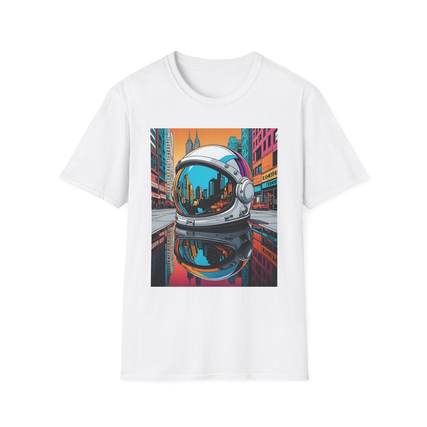 City Astronaut Reflection T-Shirt – Urban Space Art Tee – Gift for Sci-Fi Fans, Streetwear Addicts, and Cosmic Daydreamers