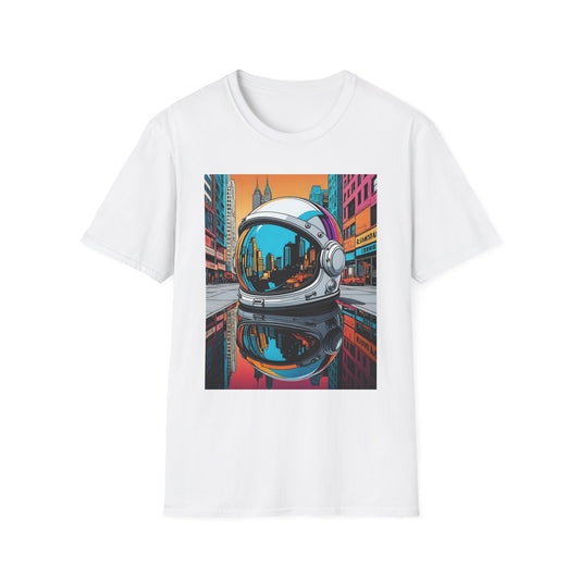 City Astronaut Reflection T-Shirt – Urban Space Art Tee – Gift for Sci-Fi Fans, Streetwear Addicts, and Cosmic Daydreamers