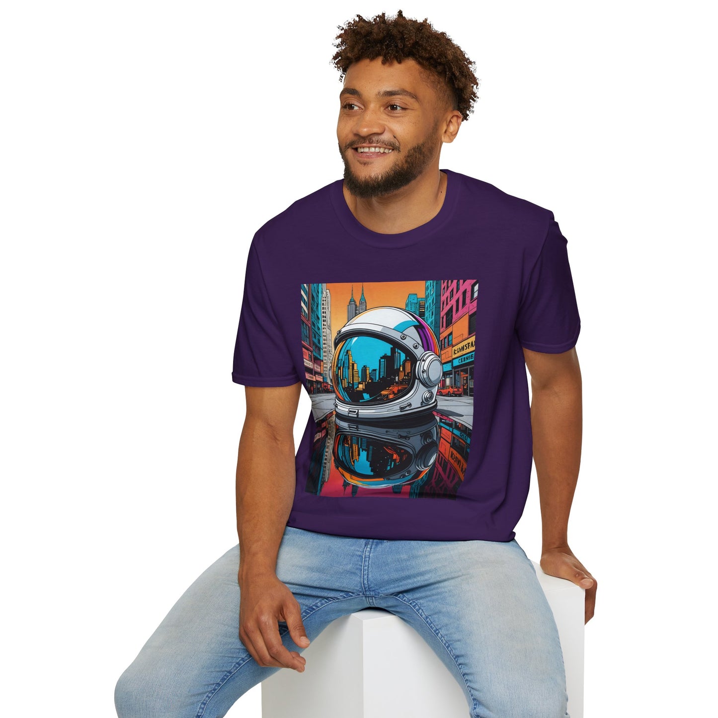 City Astronaut Reflection T-Shirt – Urban Space Art Tee – Gift for Sci-Fi Fans, Streetwear Addicts, and Cosmic Daydreamers