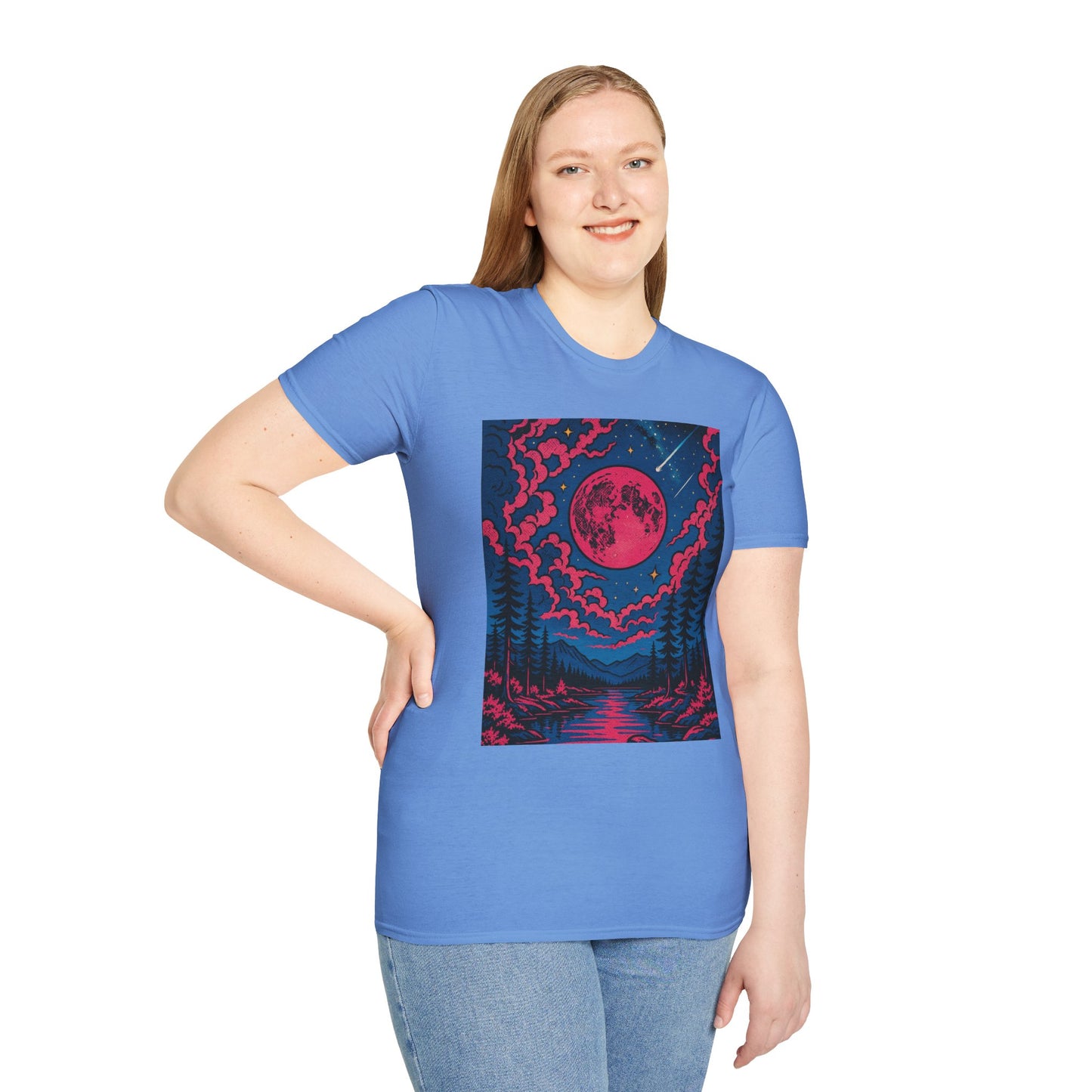 Trippy Red Moon Forest T-Shirt – Surreal Nature Graphic Tee • Psychedelic Night Sky Shirt • Gildan Softstyle® Unisex • Gift for Nature Lovers
