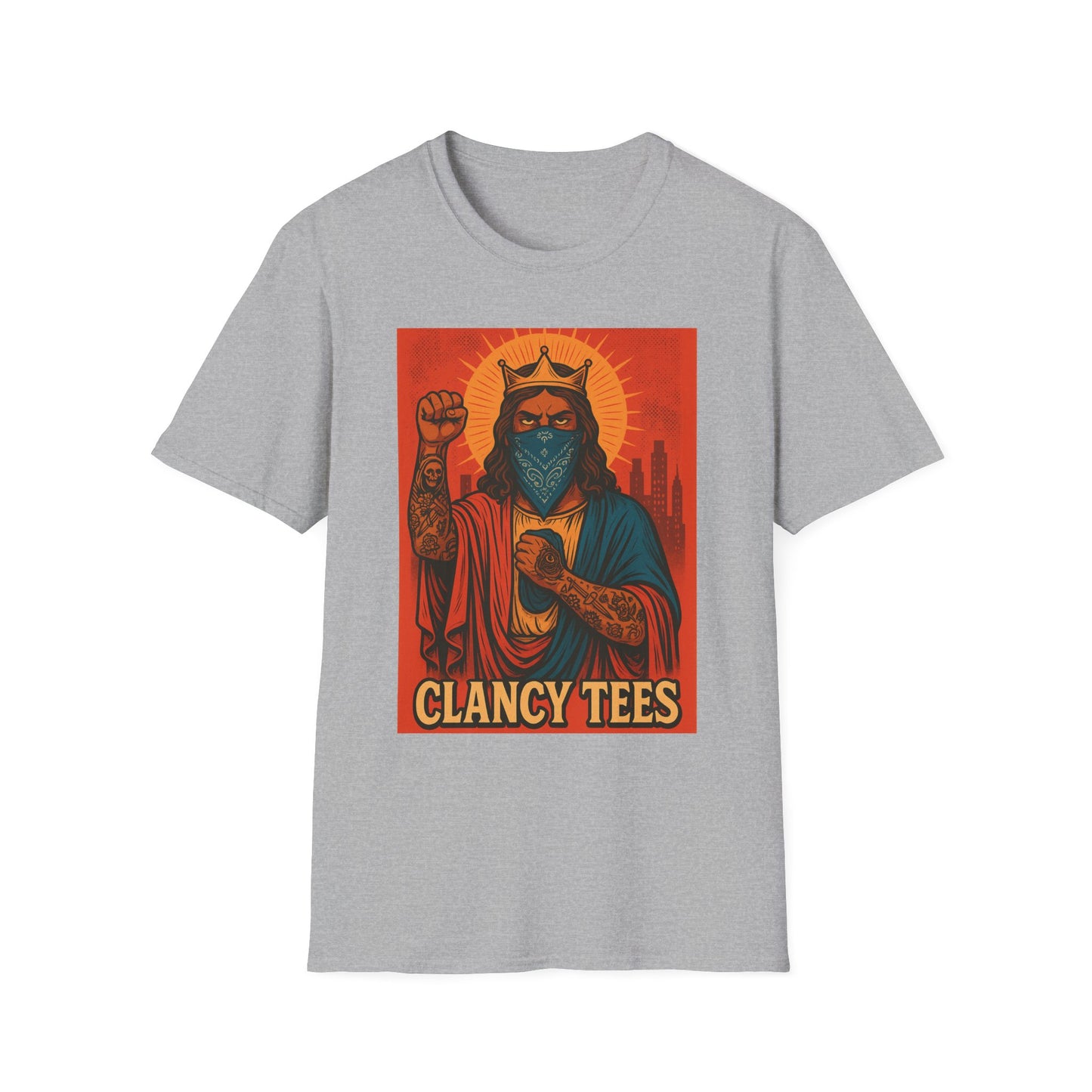 Tattooed Jesus Street Art Shirt – Clancy Tees | Urban Messiah Graphic Tee | Bold Religious Satire Shirt | King of the Block Tee