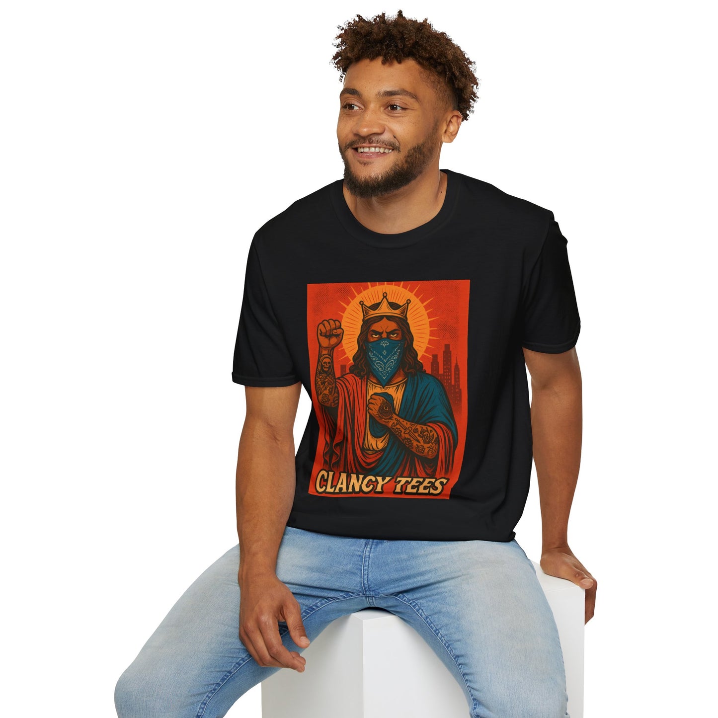 Tattooed Jesus Street Art Shirt – Clancy Tees | Urban Messiah Graphic Tee | Bold Religious Satire Shirt | King of the Block Tee