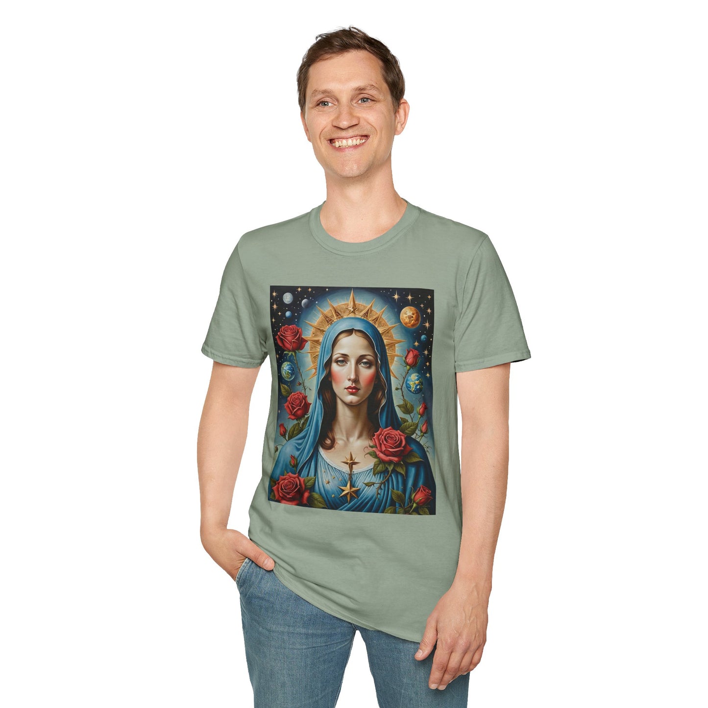 Artistic Virgin Mary T-Shirt, Vintage Graphic Tee, Religious Shirt, Christian Gift, Casual Wear