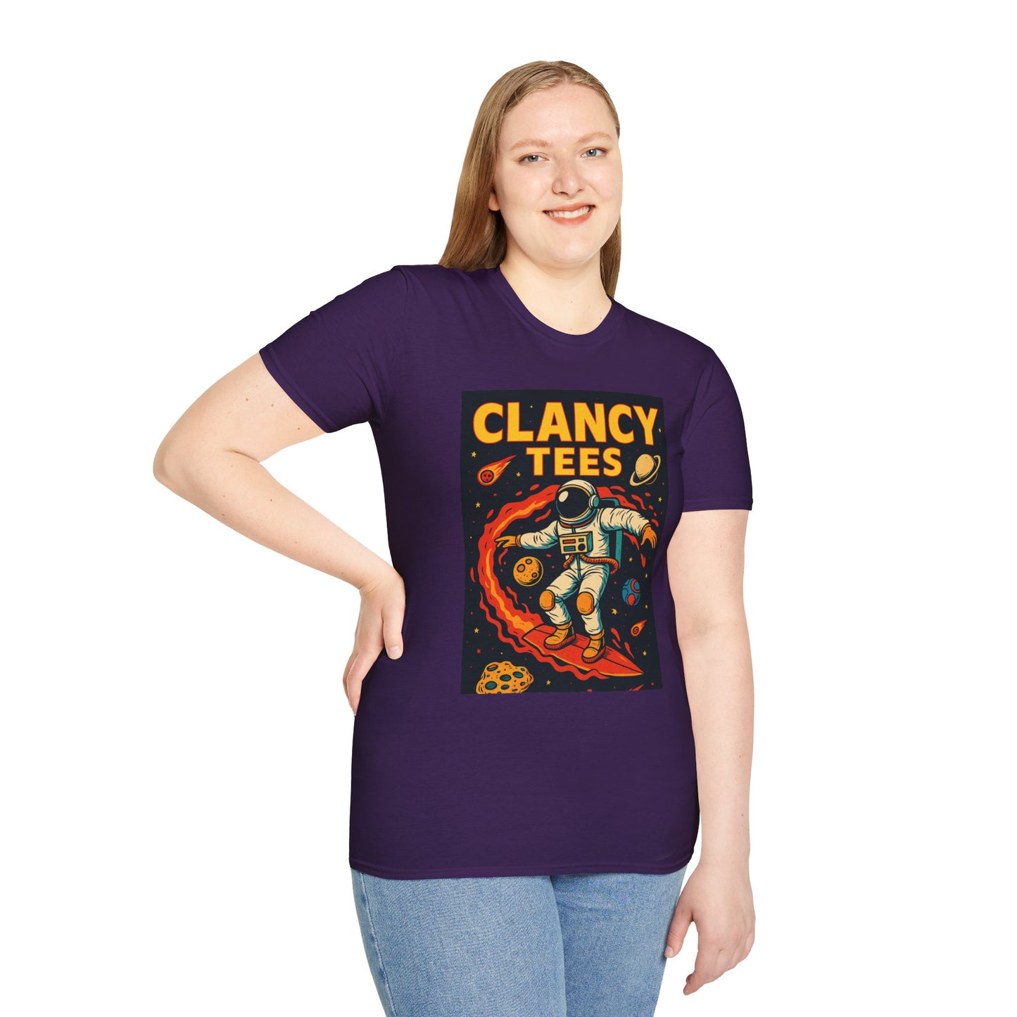 Astronaut Surfing T-Shirt – Outer Space Surfer Tee – Gift for Sci-Fi Beach Bums, Stoner Surfers, and Cosmic Wave Riders