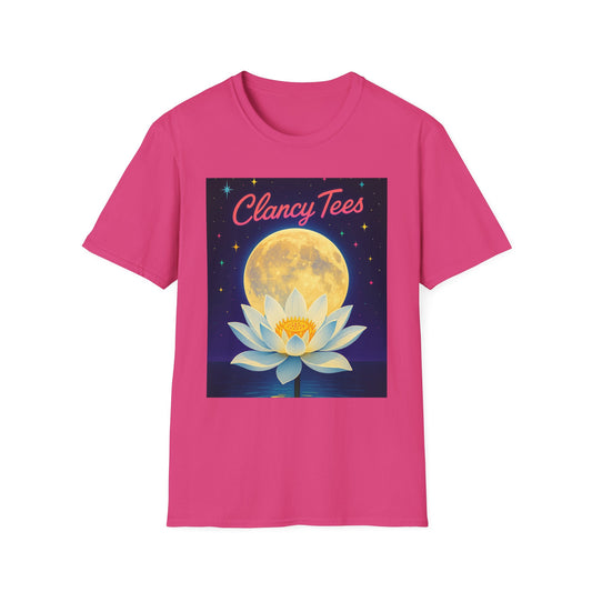 Moon Lotus Clancy Tees Shirt – Ethereal Floral T-Shirt with Full Moon Art – Gift for Nature Lovers, Yogis, Dreamers & Spiritual Aesthetic Fans