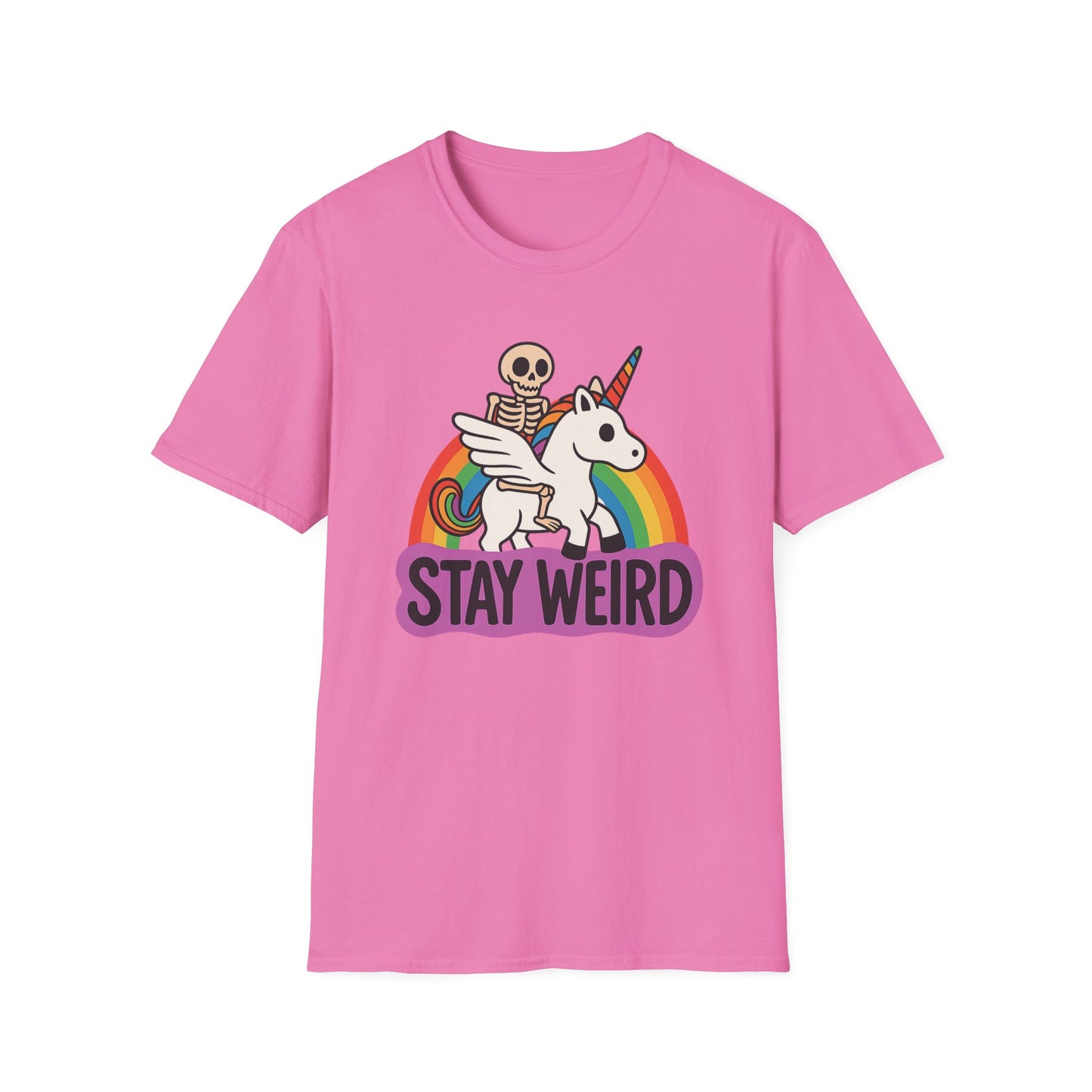 Stay Weird Skeleton Unicorn Shirt – Funny Rainbow Graphic Tee – Whimsical Weirdcore Clothing – Gift for Quirky Friends and Oddball Souls