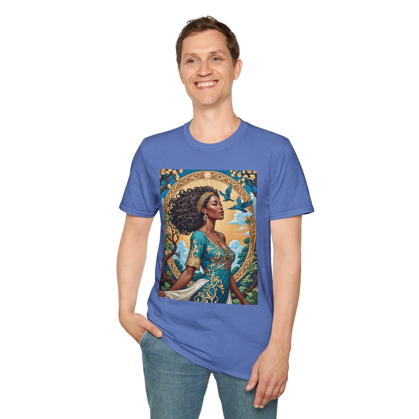 Bohemian Goddess T-Shirt, Unisex Softstyle Tee, Nature-Inspired Apparel, Gift for Women, Artistic Graphic Shirt, Eco-Friendly Fashion