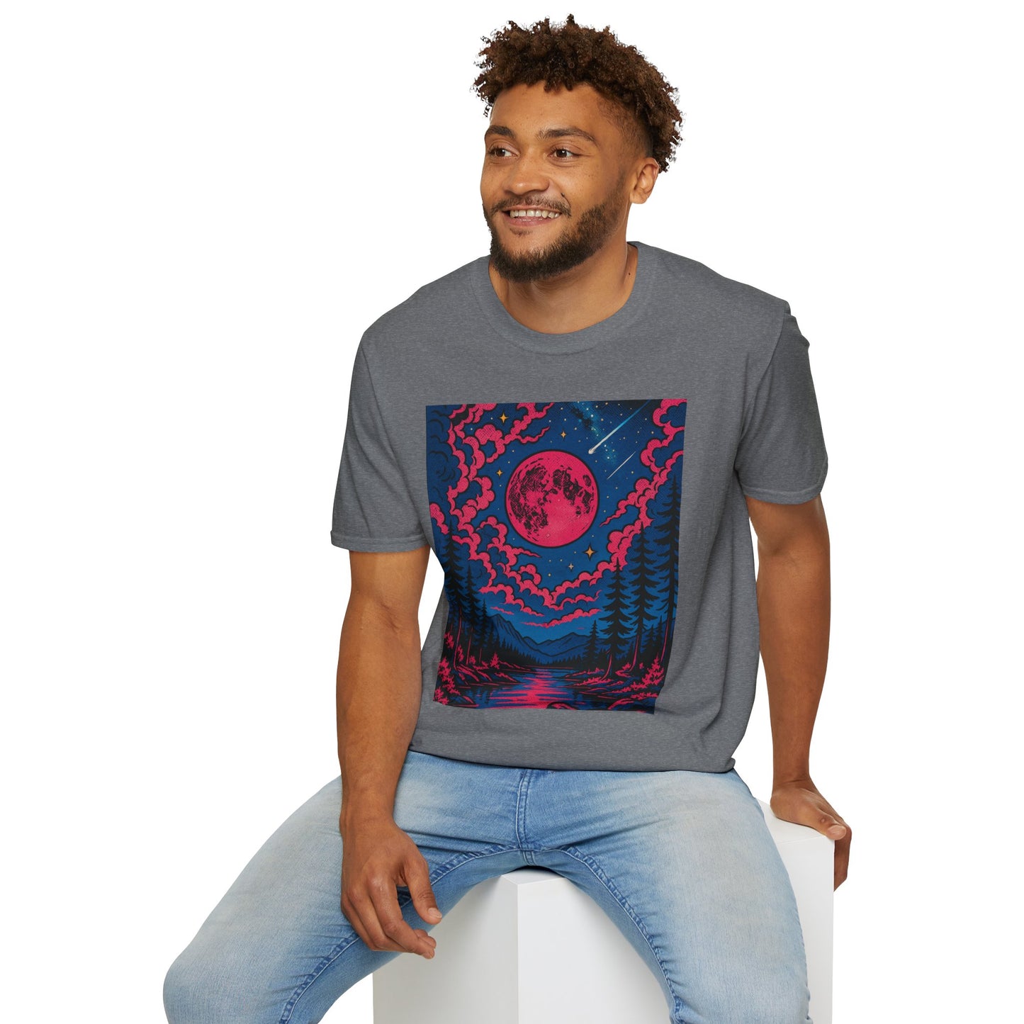 Trippy Red Moon Forest T-Shirt – Surreal Nature Graphic Tee • Psychedelic Night Sky Shirt • Gildan Softstyle® Unisex • Gift for Nature Lovers