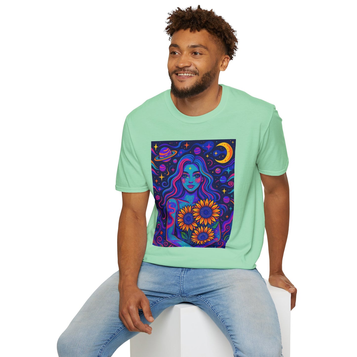 Psychedelic Sunflower Girl Shirt Trippy Space Goddess Tee Gift for Astrology Lovers Cosmic Art T Shirt for Hippies Star Gazers and Moon Magic Fans