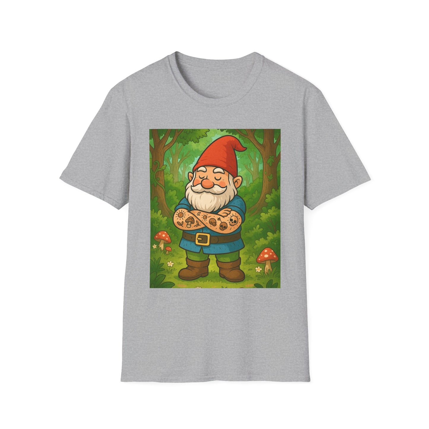 Tattooed Gnome T-Shirt – Funny Forest Inked Gnome Tee – Whimsical Tattoo Garden Shirt Gift for Mushroom Lovers, Gardeners, and Fantasy Fans