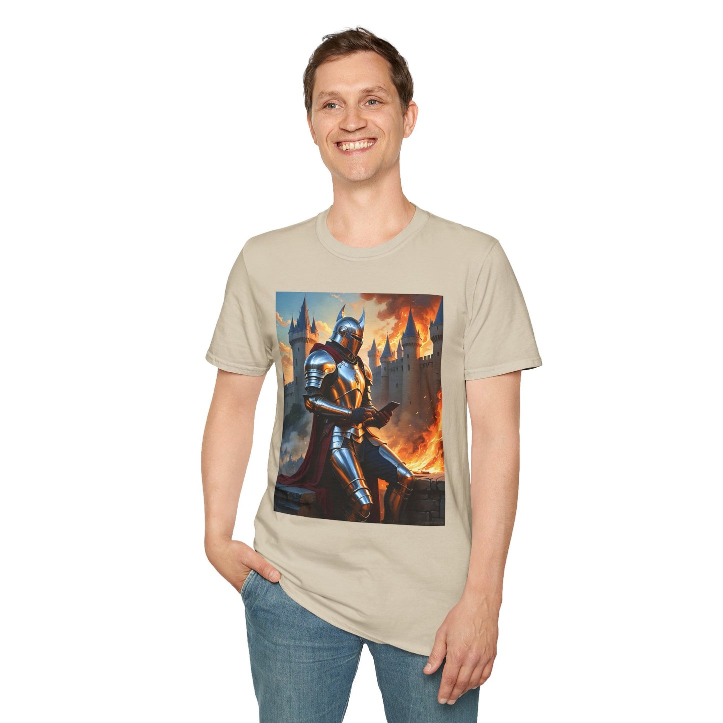 Knight in Burning Castle Shirt – Dark Fantasy Armor Tee – Gift for RPG Fans, Medieval Nerds, and Apocalyptic History Buffs